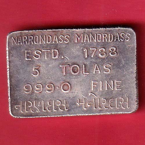 silver bar : 5 tola narrondass manordass Refiners silver bar 999 fine silver– FC9580
