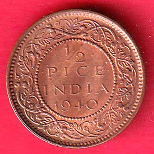 "UNC" BRITISH INDIA 1940 1/2 PICE GEORGE VI COPPER COIN -FF105