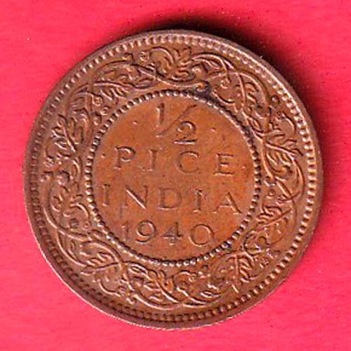 BRITISH INDIA 1940 UNC 1/2 PICE GEORGE VI COPPER COIN- ff148
