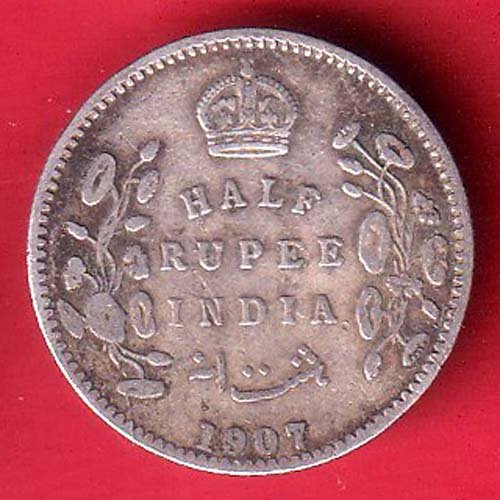 BRITISH INDIA 1907 EDWARD VII KING EMPEROR HALF RUPEE SILVER COIN– FF93