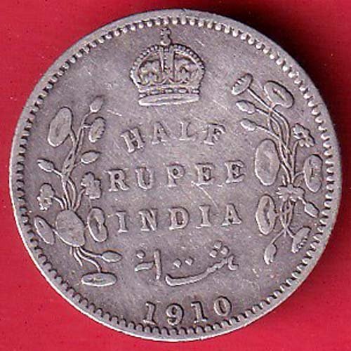 BRITISH INDIA 1910 EDWARD VII KING EMPEROR HALF RUPEE SILVER COIN– FF94