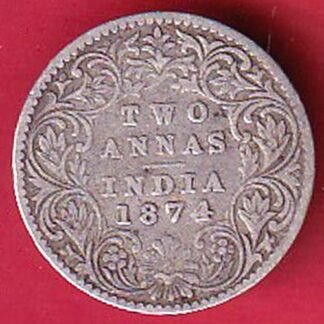 BRITISH INDIA 1874 VICTORIA QUEEN TWO ANNAS SILVER COIN– FC9837