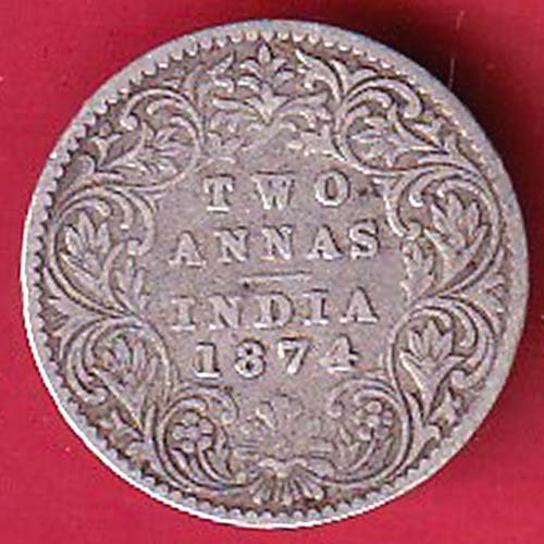 BRITISH INDIA 1874 VICTORIA QUEEN TWO ANNAS SILVER COIN– FC9837