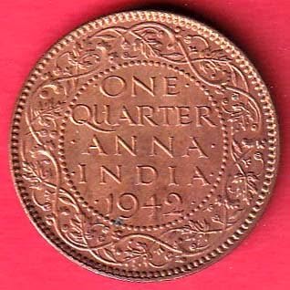 British India 1942 george vi One Quarter anna copper coin– ff290